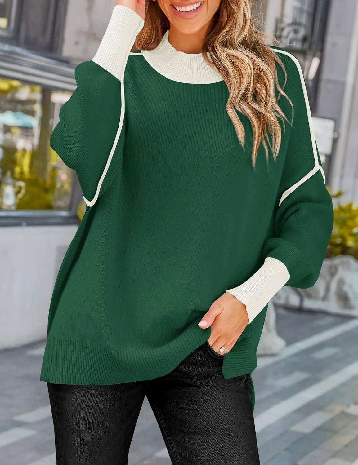ZESICA Women's Winter Oversized Sweaters Long Sleeve Color Block Mock Neck Side Slit Comfy Loose Knitted Pullover Tops