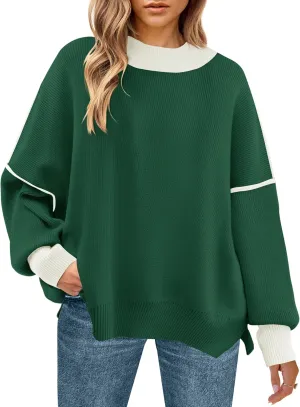 ZESICA Women's Winter Oversized Sweaters Long Sleeve Color Block Mock Neck Side Slit Comfy Loose Knitted Pullover Tops